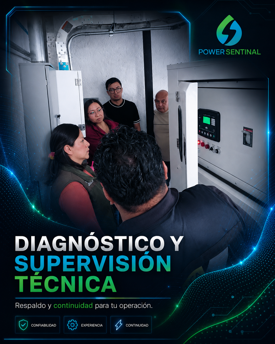 Diagnóstico y supervisión técnica — equipo Power Sentinal revisando tablero de control